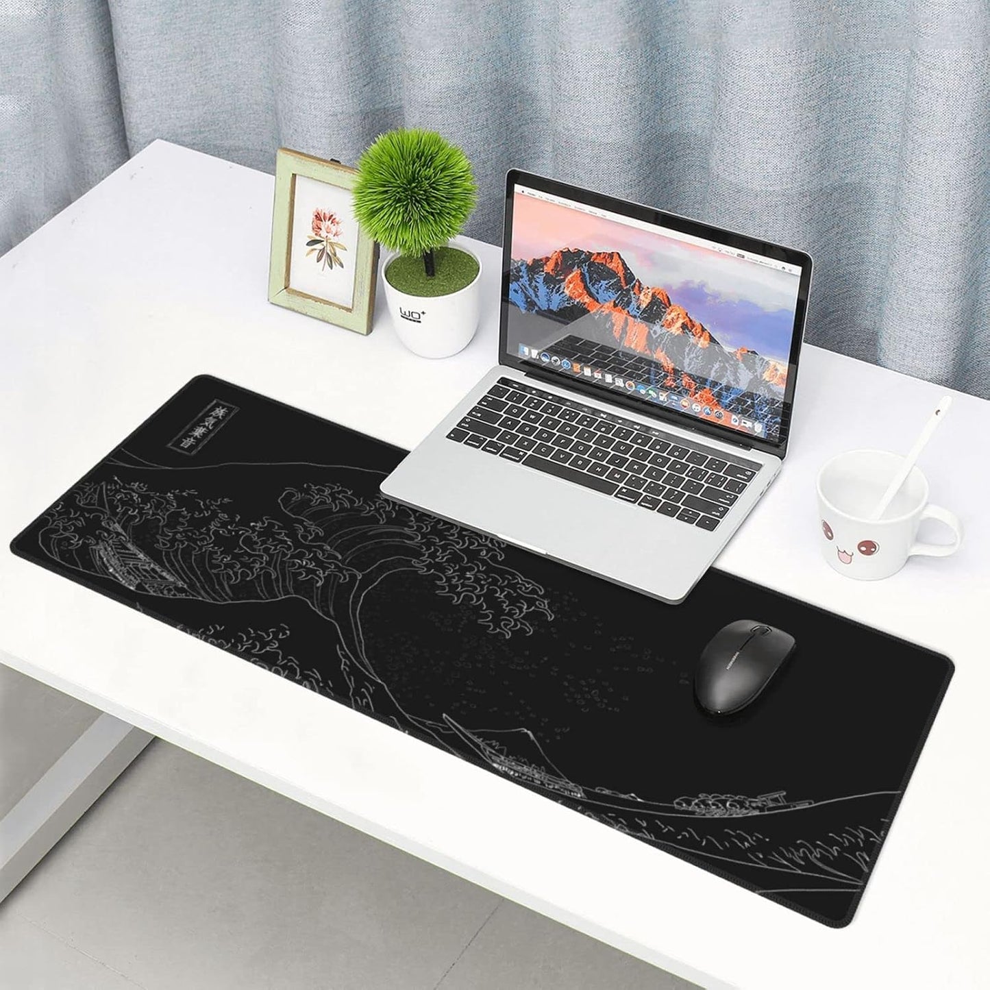 Extended Large Anime Black Mouse Pad the Great Wave off Kanagawa Painting Big Gaming Keyboard Mat XXL Non-Slip Water-Resistant Rubber Base Full Desk Mousepad 3D Pattern