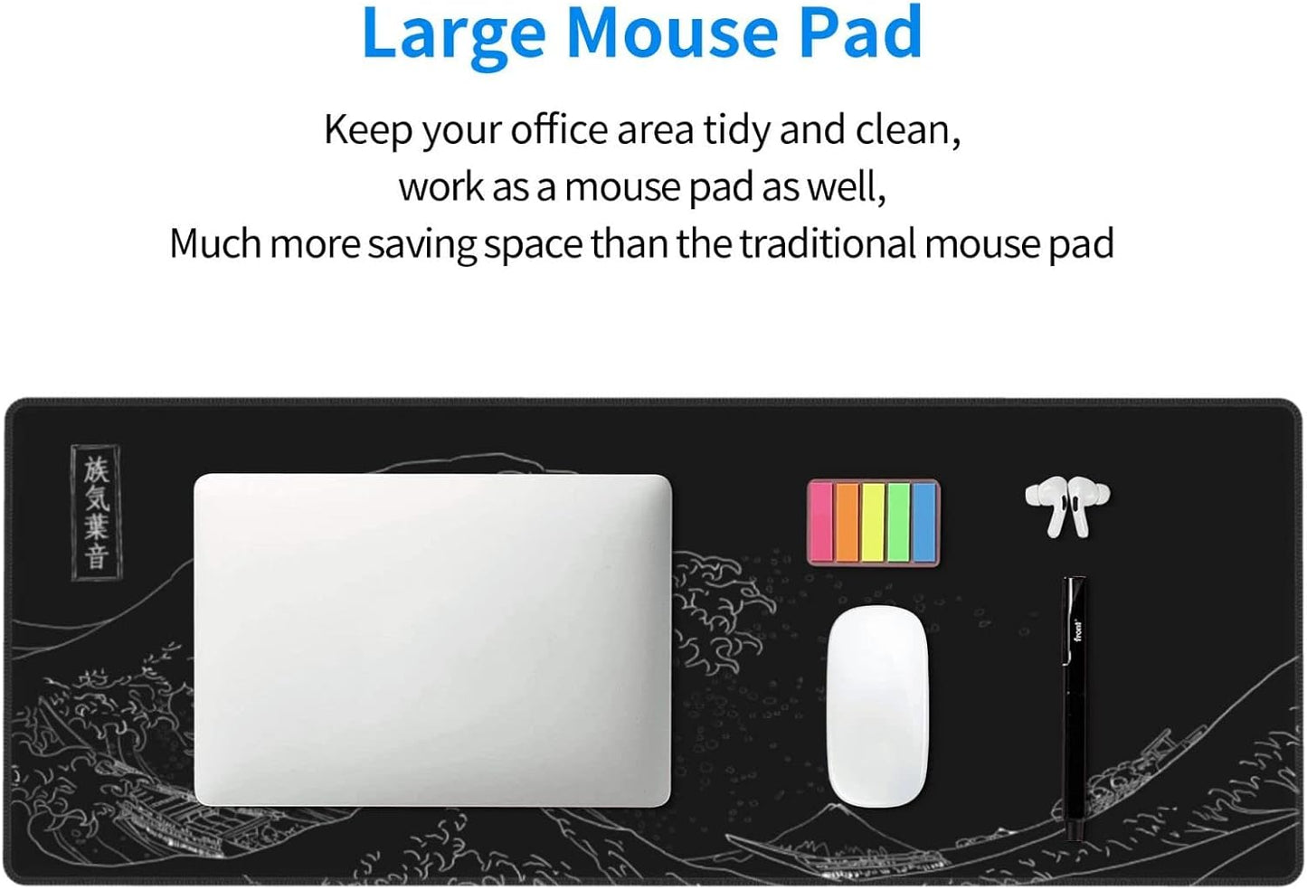 Extended Large Anime Black Mouse Pad the Great Wave off Kanagawa Painting Big Gaming Keyboard Mat XXL Non-Slip Water-Resistant Rubber Base Full Desk Mousepad 3D Pattern