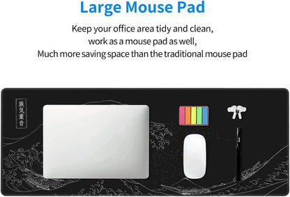 Extended Large Anime Black Mouse Pad the Great Wave off Kanagawa Painting Big Gaming Keyboard Mat XXL Non-Slip Water-Resistant Rubber Base Full Desk Mousepad 3D Pattern