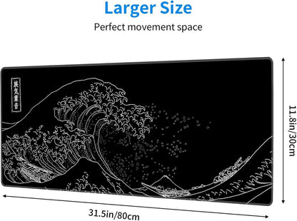Extended Large Anime Black Mouse Pad the Great Wave off Kanagawa Painting Big Gaming Keyboard Mat XXL Non-Slip Water-Resistant Rubber Base Full Desk Mousepad 3D Pattern