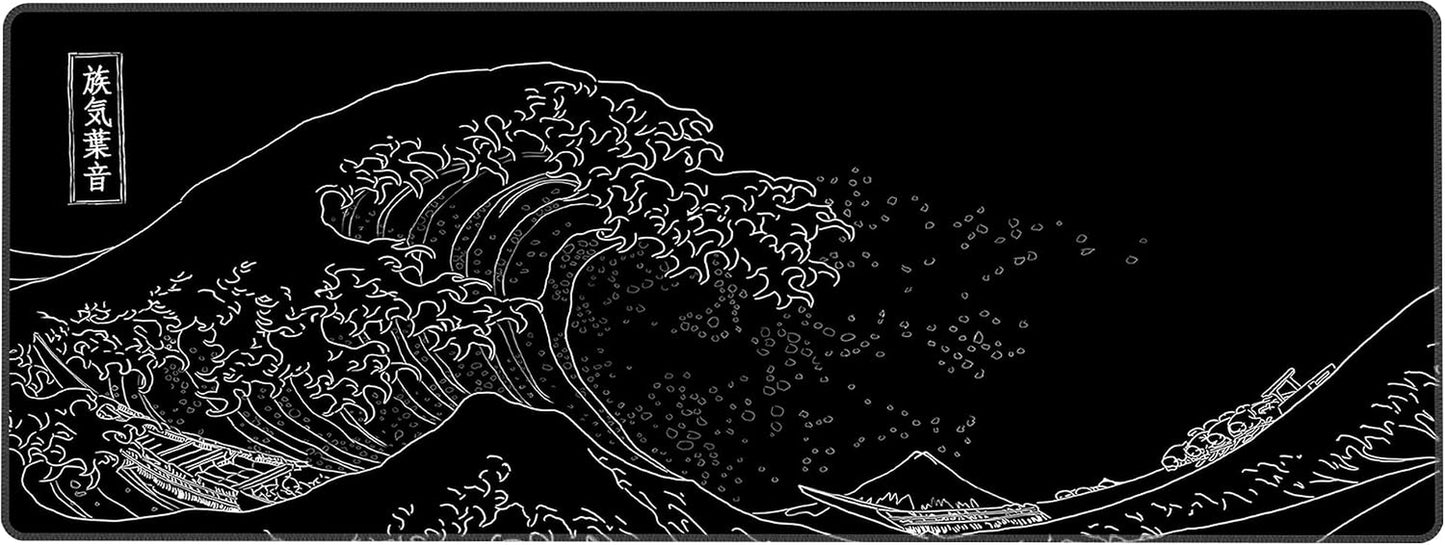 Extended Large Anime Black Mouse Pad the Great Wave off Kanagawa Painting Big Gaming Keyboard Mat XXL Non-Slip Water-Resistant Rubber Base Full Desk Mousepad 3D Pattern