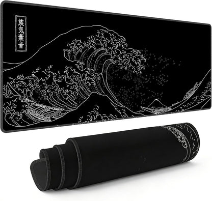 Extended Large Anime Black Mouse Pad the Great Wave off Kanagawa Painting Big Gaming Keyboard Mat XXL Non-Slip Water-Resistant Rubber Base Full Desk Mousepad 3D Pattern