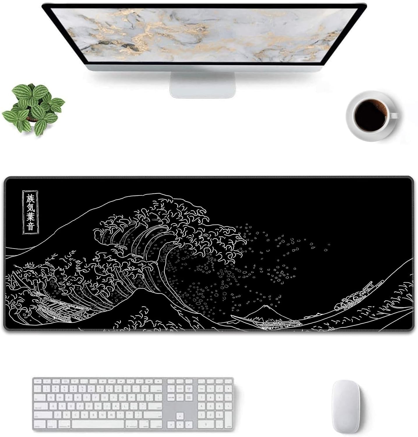 Extended Large Anime Black Mouse Pad the Great Wave off Kanagawa Painting Big Gaming Keyboard Mat XXL Non-Slip Water-Resistant Rubber Base Full Desk Mousepad 3D Pattern