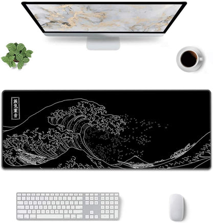 Extended Large Anime Black Mouse Pad the Great Wave off Kanagawa Painting Big Gaming Keyboard Mat XXL Non-Slip Water-Resistant Rubber Base Full Desk Mousepad 3D Pattern